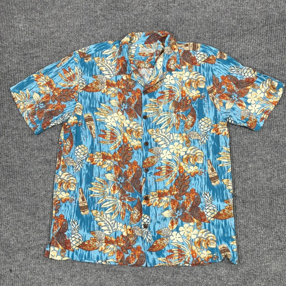 Young USA Hawaiian Camp Shirt Mens 2XL Blue Tropical Floral Pineapple Button Up
